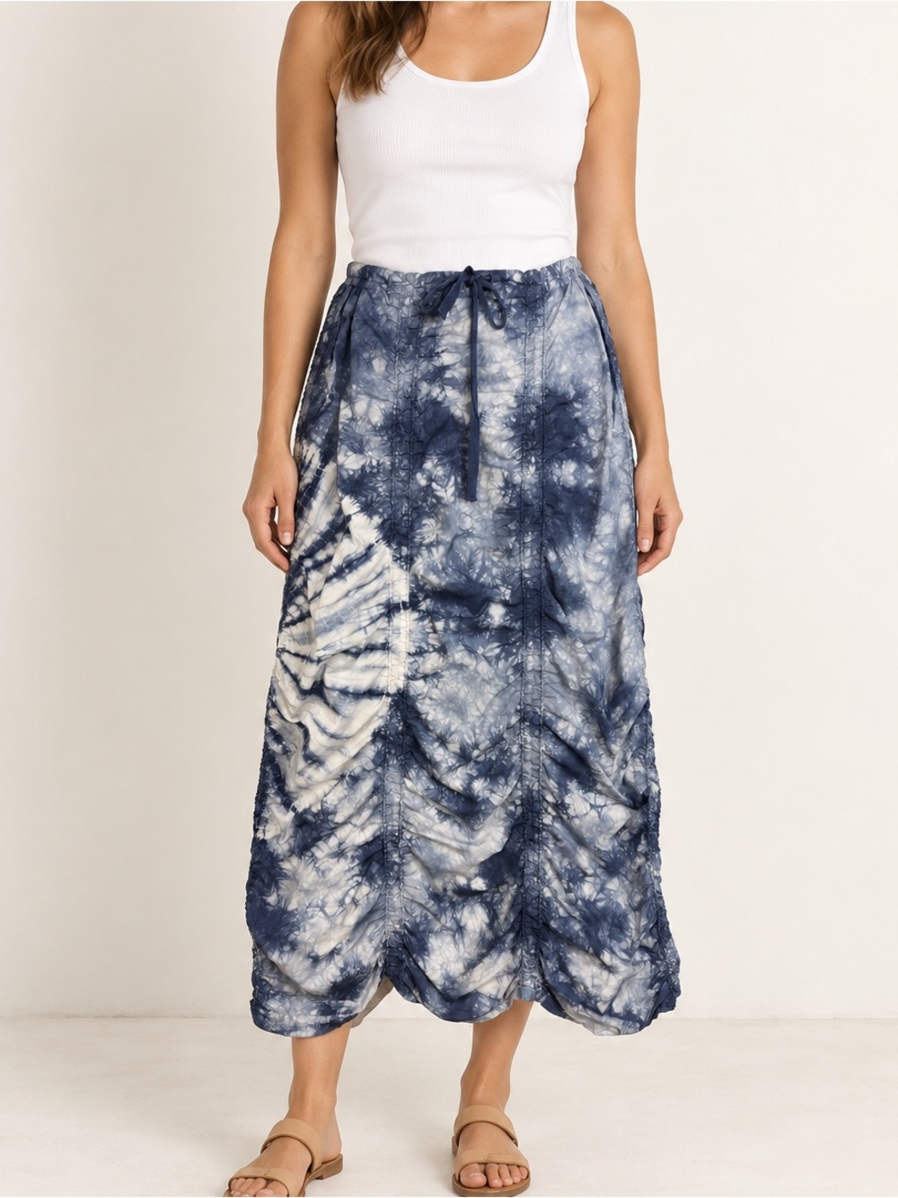XCVI Size L Blue Tie Dye Ruched Drawstring Midi Skirt Boho Cotton